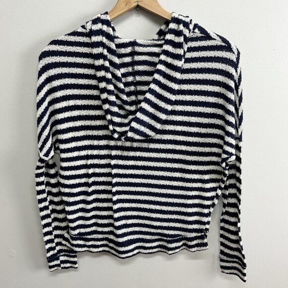 Y2K Abercrombie & Fitch Women's Hoodie Knit Navy Cream Stripe Pullover - Picture 2 of 5